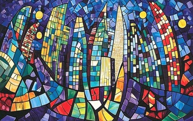 Vibrant mosaic cityscape at night, depicted with colorful glass pieces