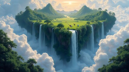 Enchanted Floating Jungle with Waterfalls and Neon Birds 