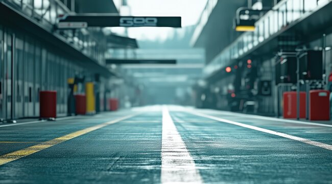 Pit lane perspective; asphalt, lines, garages