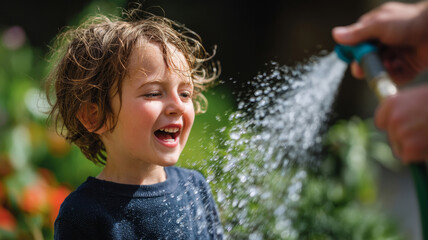 Gardening - boy enjoying water spray in backyard garden during summer fun moment