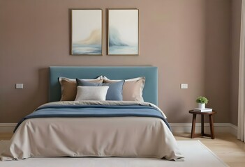 A cozy bedroom with a small bed, a blue headboard, two paintings on the wall, and a small table with decorations. The room has a warm and inviting atmosphere