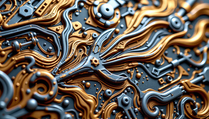 Intricate design featuring metallic elements and tools, showcasing creativity and craftsmanship
