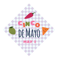 Cinco De Mayo Day 5 May card banner invitation poster with chili pepper, nachos, lime