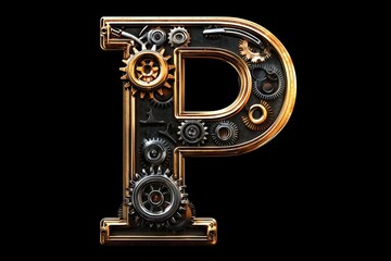 Fototapeta premium Shiny metal capital letter P featuring intricate gears and rivets.