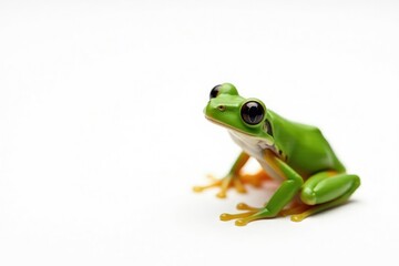 Naklejka premium Solitary bright green frog on pure white backdrop, solitary, background, biology