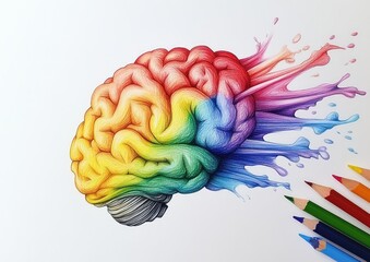 A detailed, colorful drawing of a human brain with splashes of color exploding from its side