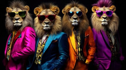 Trendy chimpanzee rock band showcasing stylish outfits.