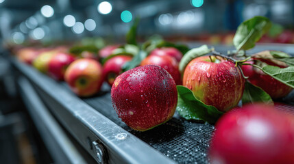 Red apples with droplets of water line a conveyor belt in a packing facility. Workers are preparing the fruits for distribution, showcasing the busy harvest season