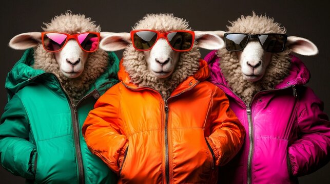 Adorable anthropomorphic sheep don trendy sunglasses and colorful jackets.