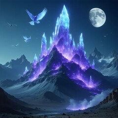 Surreal Alien Planet Landscape with Glowing Crystalline Mountains and  Moon &ndash; Fantasy Sci-Fi Digital Art