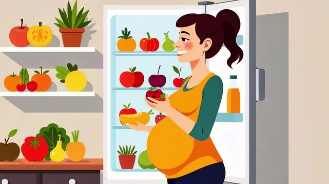Young pregnant woman standing in front of an open refrigerator with fresh products, cartoon vector style. Concept of a healthy lifestyle in anticipation of the birth of the child and proper nutrition 