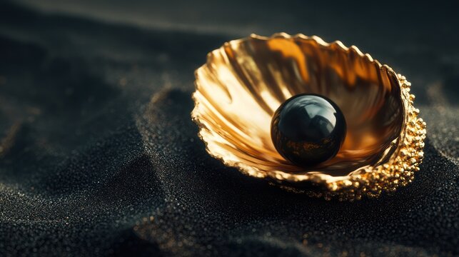 Dark pearl rests in a golden shell on black sand, luxury and natural beauty