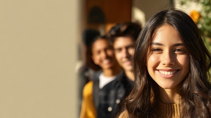 Obraz premium Young people joyfully celebrate Hispanic Heritage Month outdoors; smiling and waving flags in a lively; inclusive street setting