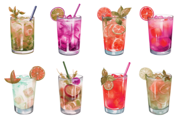 Eight colorful cocktails with fruit slices and straws arranged in a grid on a transparent background png