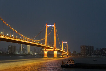 Night view of the Yingwuzhou Yangtze River Bridge, taken in Wuhan, Hubei, China