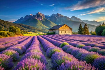 Naklejka premium Lavender Fields House Mountain Landscape Photography - Serene Rural Scene