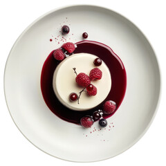 Fototapeta premium Fine dining dessert featuring creamy vanilla panna cotta topped with fresh raspberries and berry coulis, creating delightful presentation