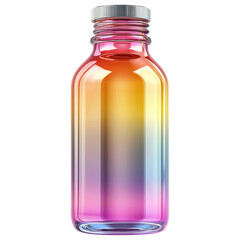 Glossy glass bottle with metallic cap, featuring vibrant gradient of colors from pink to yellow, evokes sense of freshness and style
