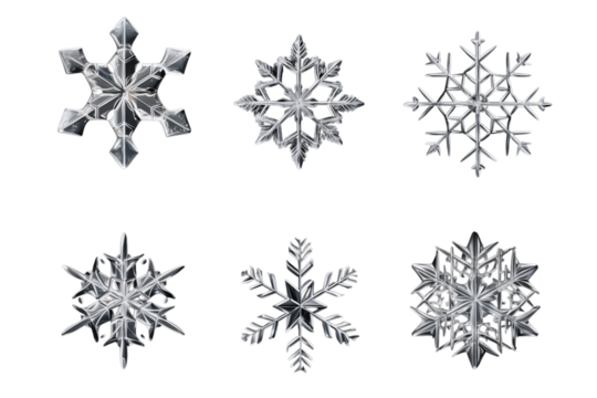 Six snowflakes of different designs on a transparent background showing winter and christmas themes png