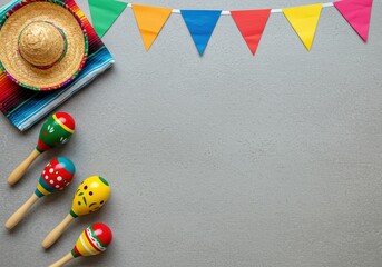 Vibrant scene featuring a sombrero, maracas, and festive bunting against a gray backdrop.