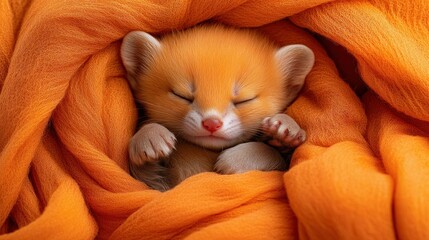 Cute orange fox cub nestled in a soft orange blanket, sleeping soundly
