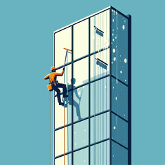 A skilled window cleaner working on the high-rise building's glass.