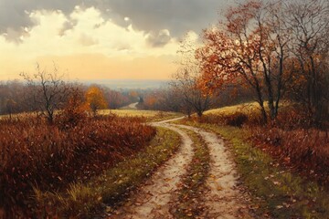 Naklejka premium Autumnal landscape scene with a winding path through a golden meadow.