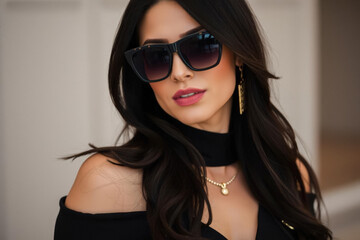 Stylish Woman in Black Outfit with Sunglasses