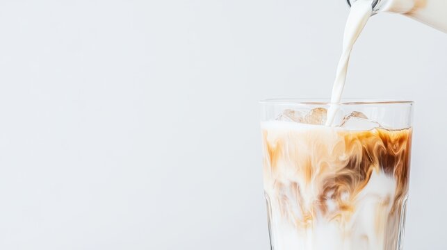 Creamy Infusion: A moment of culinary artistry is captured as milk cascades gracefully into a glass, mingling with the bold essence of coffee, creating a delicious visual display.
