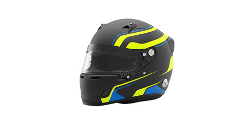 A close up of a black racing helmet with yellow and blue stripes on a black background studio shot