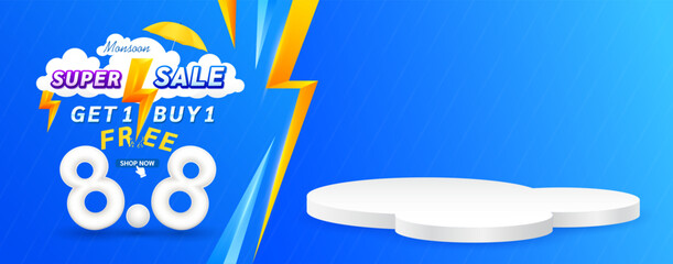 Monsoon super sale 8.8. Get 1 Buy 1 Free with yellow thunder sign on clouds. Shopping under umbrella in rain with special offer sale campaign promotion. Ads with blank product podium scene. 3D Vector.