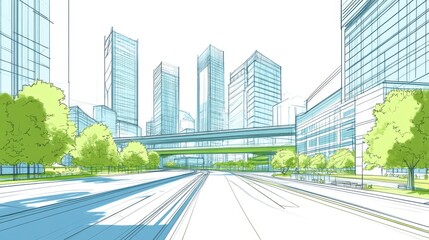 Modern City Sketch Blue and Green Tones, Wide Road, Tall Buildings