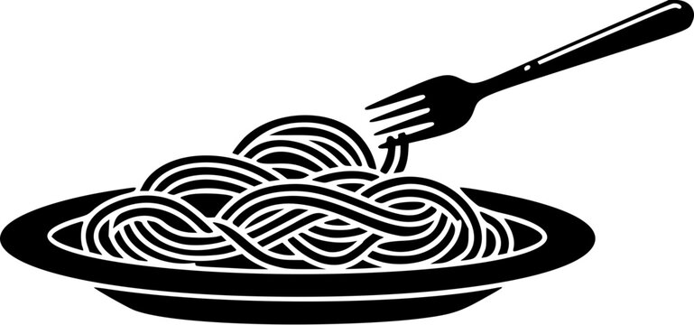 Simple Black Silhouette Icon of Spaghetti on a Plate with a Fork