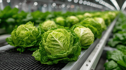 Fototapeta premium Rows of vibrant romaine lettuce heads are seen on a conveyor belt inside a greenhouse. The facility is well-lit, showcasing the freshness and quality of the produce ready for distribution