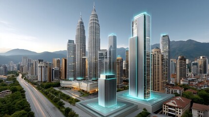 Fototapeta premium A futuristic city skyline at dusk with AR overlays of integrated digital building plans on each tower highlighted in neon cyan