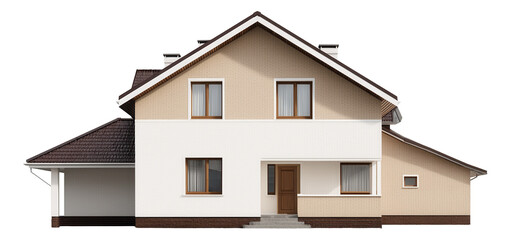 Modern two-story house with beige and white facade and pitched roof.