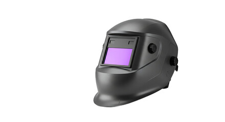 Fototapeta premium Isolated welding helmet with a purple tinted lens on a black background in a studio setting