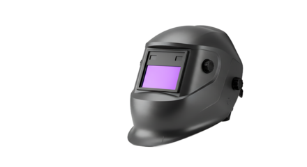 Isolated welding helmet with a purple tinted lens on a black background in a studio setting