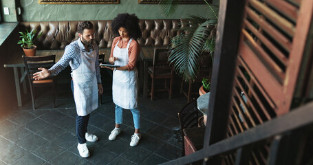 People, waiter and meeting with tablet at cafe for discussion, planning and stock checklist. Above, man and woman with digital for inventory management, online orders and feedback of menu information