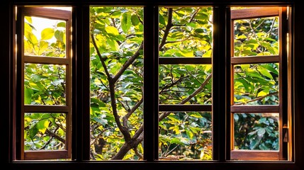 A wooden window frame with divided panes showcasing a lush garden. Sunlight filters through the foliage, illuminating the vibrant greenery outside