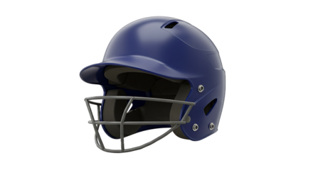 A detailed close up of a blue baseball helmet with a grey face mask on a black background space around it