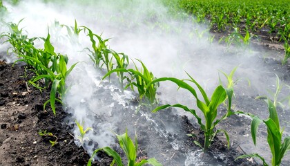Young green plants grow amidst mist. Evokes themes of growth, agriculture, and the environment. Perfect for conveying concepts like farming, care, and cultivation.