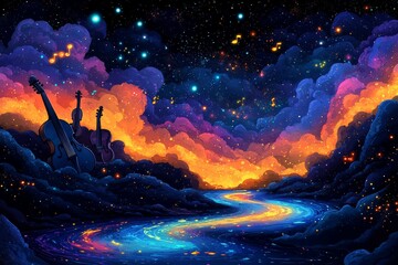 Celestial River, String Instruments, Night Sky, Fantasy Art