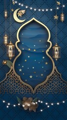 Fototapeta premium Mesmerizing Ramadan Background with Deep Blue Gradient Islamic Ornaments Golden Lanterns Soft Glowing Crescent Moon Enhancing Sacred Atmosphere of the Holy Month with Elegant Minimalistic Decorations