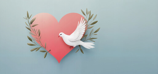 Obraz premium Dove on pink heart with olive branches, romantic mood, creative design, soft colors, copy space