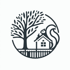 A stylized graphic of a tree, house, and squirrel, conveying a sense of nature and home.