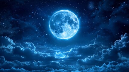 Full Blue Moon Over Night Clouds and Stars