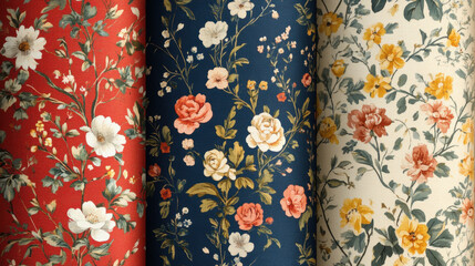 Three vibrant fabric rolls featu intricate floral patterns in red navy blue and white colors with detailed botanical designs and elegant vintage style