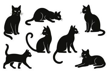 Black cat silhouette icon set featuring various poses and expressions for creative design projects