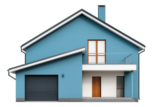 A modern blue two-story house with a garage and a balcony featuring minimalist design.
